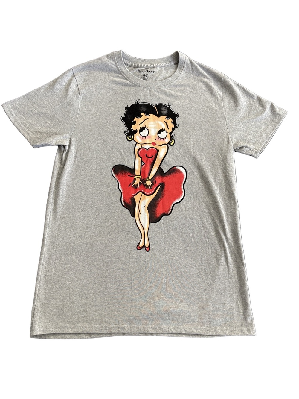 Betty Boop Red Dress Graphic Tee Gray Cartoon Pin Up Shirt Sz M - Picture 2 of 8